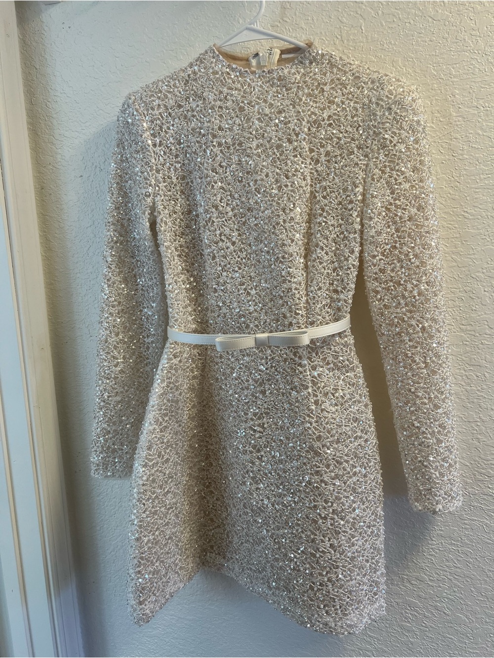 NADINE MERABI Ivory Sparkle Lace Long-Sleeve Mini Dress